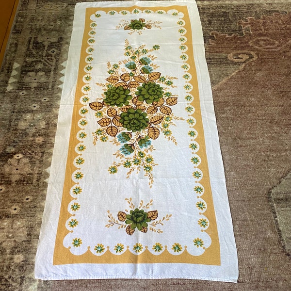 Vintage MCM Linen Table Runner - Centerpiece - Large Tea Towel - Wall Hanging Floral Design