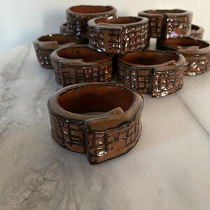 Vintage MCM Brick Design Ceramic Glazed Pottery Folk Art Napkin Rings Set of 12 image 9