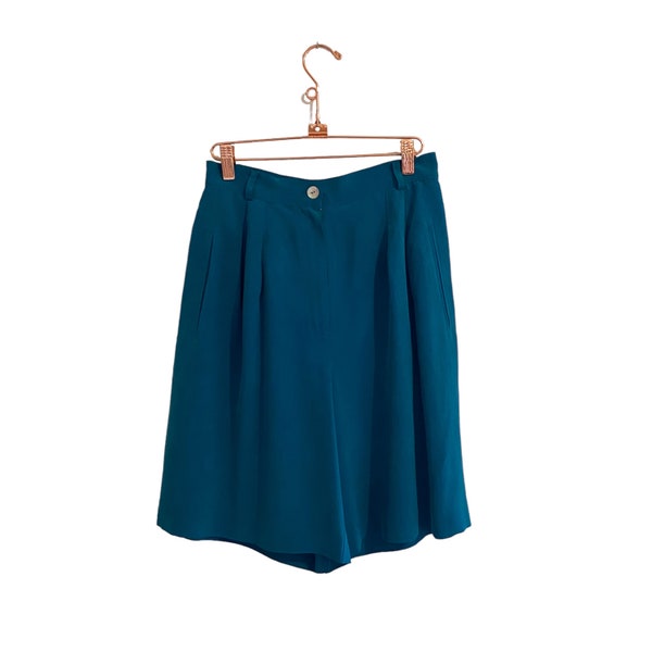 Vintage 90s High Waisted Silk Shorts Teal Women’s Size 6 - High Waist Silk Shorts - Mom Shorts
