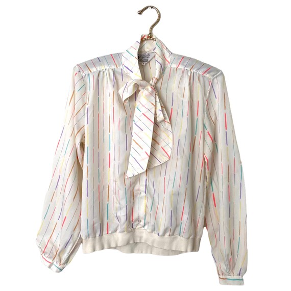 1970s pastel stripe ladies long sleeve blouse, ne… - image 1