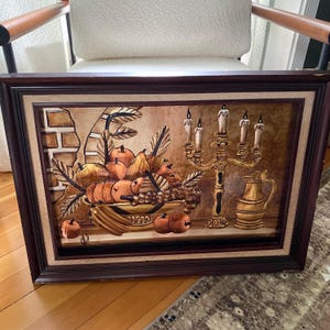 Vintage Framed Metal Copper Wall Art Still Life Fruit In Bowl Signed