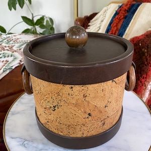 Vintage Elmar Ice Bucket Brown Vinyl Cork Faux Leather Body Teak Knob Handles