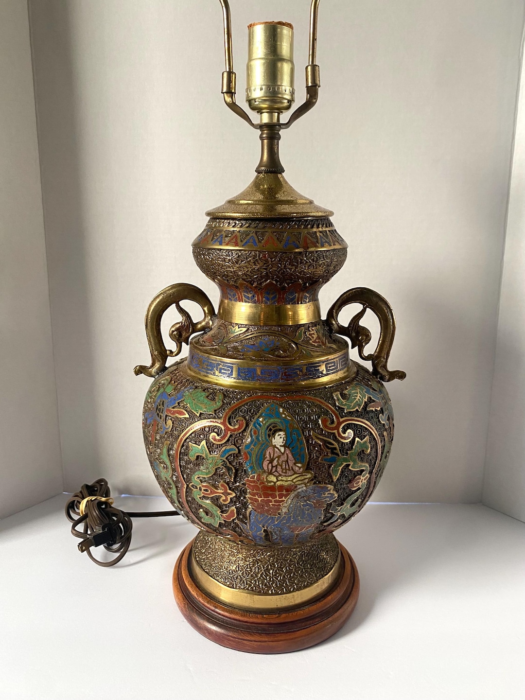 Vintage Asian Etched Brass & Champleve Enamel Urn Vase Lamp Cloisonné ...