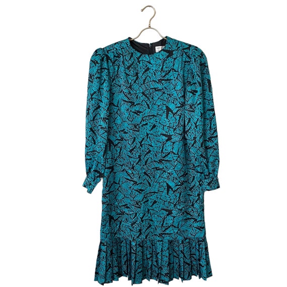 Vintage 80s 90s Teal Black Abstract Design Dress Pleated Skirt SZ 14