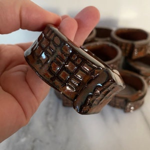 Vintage MCM Brick Design Ceramic Glazed Pottery Folk Art Napkin Rings Set of 12 image 5