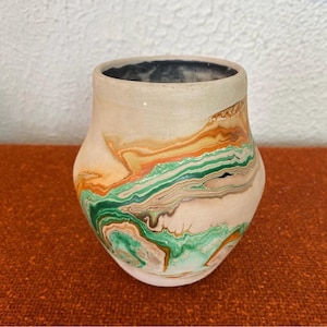 Vintage Nemadji Pottery Vase 5 Inch Swirl Pottery Orange Green - Folk Indigenous Pottery