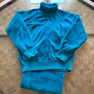 Vintage 80s 90s Teal Velour Set Turtleneck Cable-knit Top Size Medium - Two Piece Velour Outfit