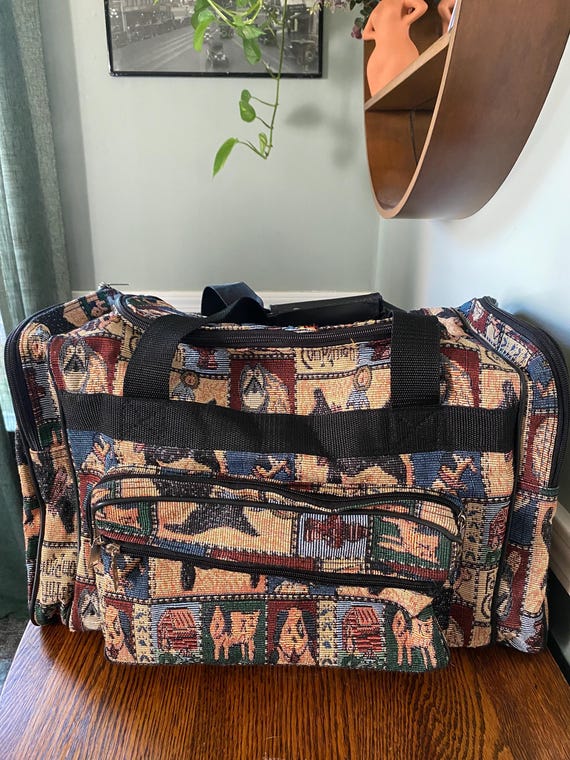 Vintage Faithful Companion Dog Tapestry Luggage Travel Bag Carry On