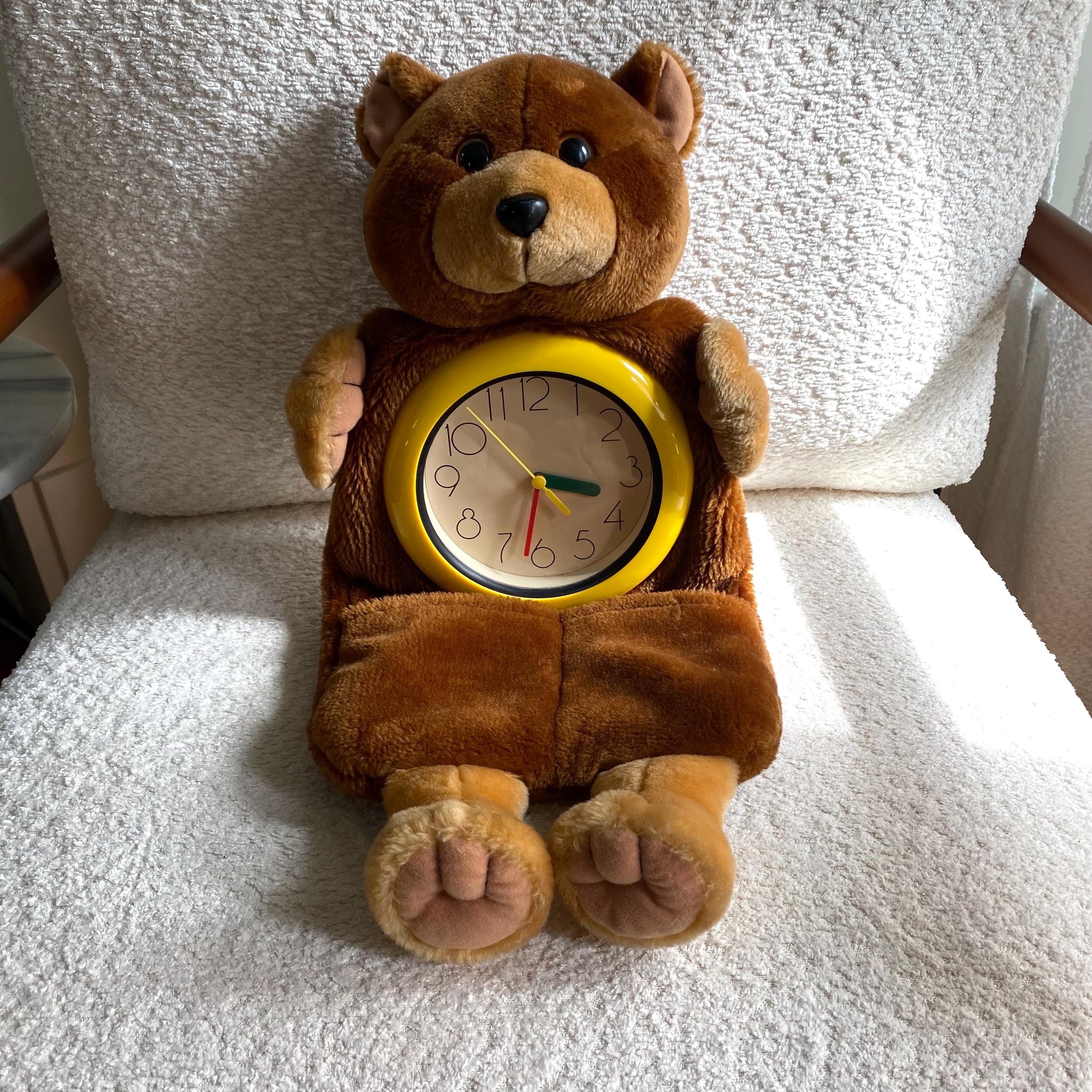 Teddy Bear Chime Orchestra 木製オルゴール 時計 Vintage 80s 90s Plush Teddy Bear W/ Clock and Pockets Wall Hanging