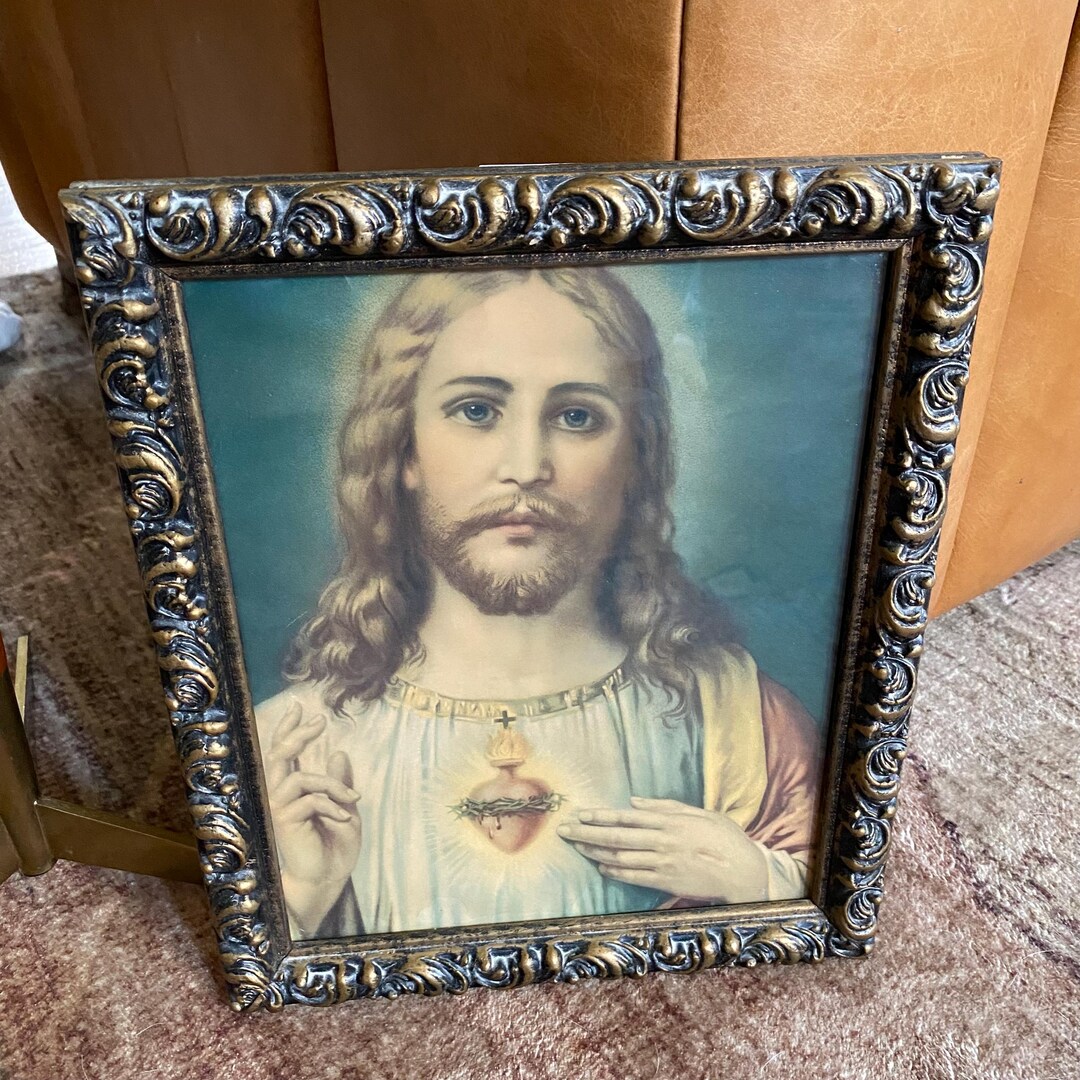 Vintage Jesus Portrait Sacred Heart Print With Ornate Gold Wood Frame ...