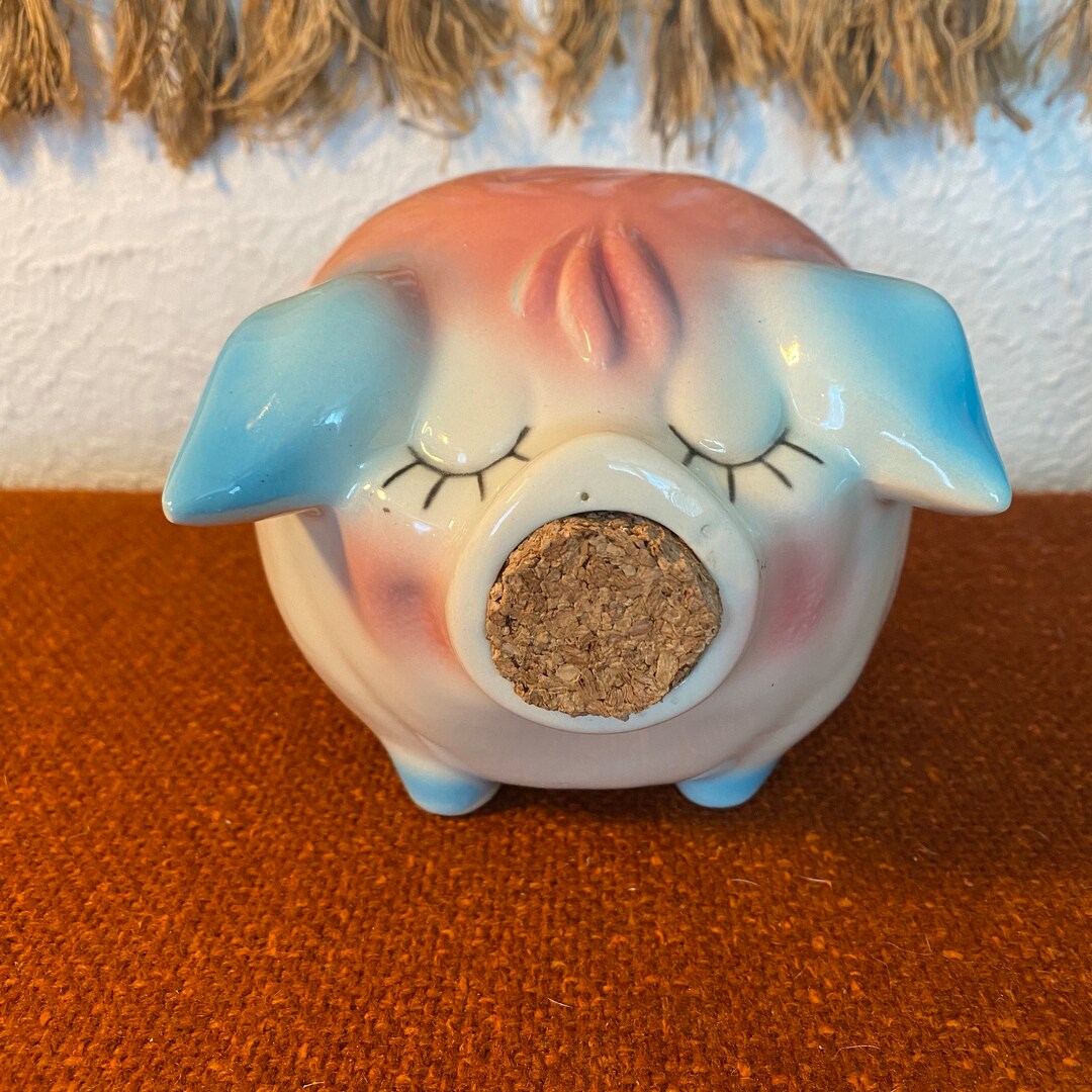 Vintage Hull Pottery 1957 Corky Pig Piggy Coin Bank USA Pink Blue
