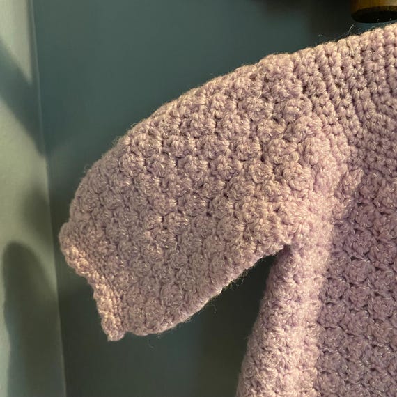Vintage Hand Knit Crochet Lilac Purple Baby Sweater and Matching Bonnet Set Handknit Baby Sweater and Bonnet View 2