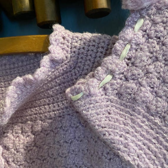 Vintage Hand Knit Crochet Lilac Purple Baby Sweater and Matching Bonnet Set Handknit Baby Sweater and Bonnet View 5