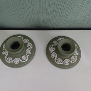 Vintage Pair Wedgwood Green Jasperware Candlestick Holders