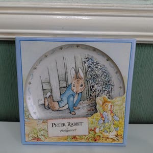 Puede incluir: Un plato decorativo de Peter Rabbit de Wedgwood. El plato muestra a Peter Rabbit con una chaqueta azul cerca de una valla blanca y otro conejo sosteniendo una zanahoria. El plato está en una caja azul.