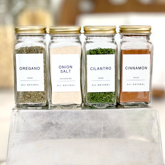 14 Glass Spice Jars W/2 Types of Preprinted Spice Labels. 