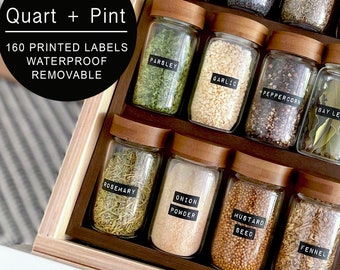 160 Spice Jar Labels: Printed Minimalist Black Matte Vinyl Spice Labels. Quality Waterproof & Removable Stickers. Modern Pantry Organization