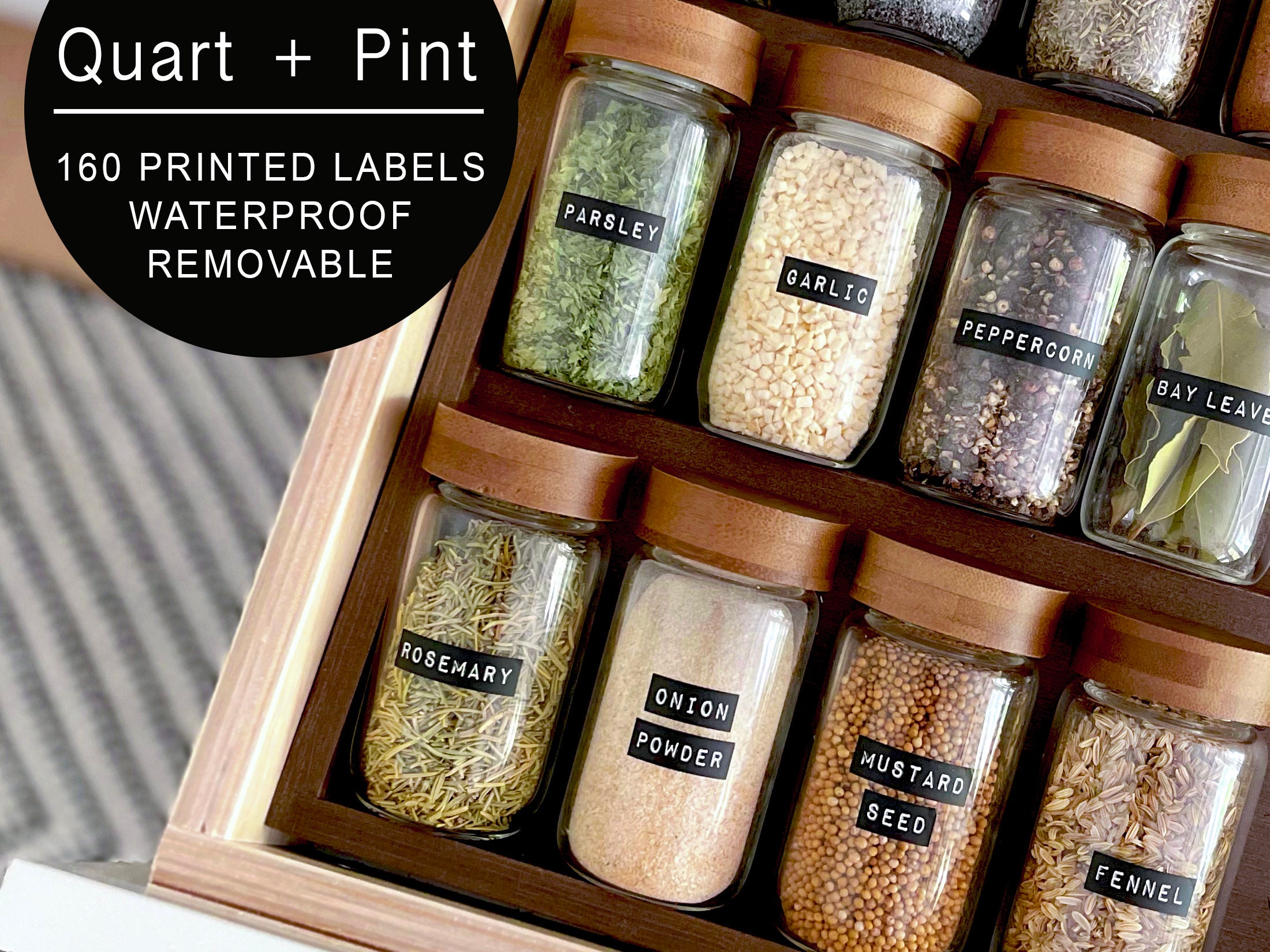 160 Spice Jar Labels: Printed Minimalist Black Matte Vinyl Spice Labels. Quality Waterproof & Removable Stickers. Modern Pantry Organization