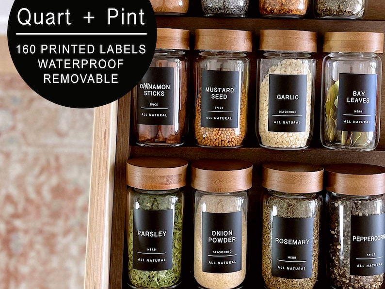 160 Minimalist Black Spice Labels. Preprinted Modern Farmhouse Spice Jar Labels. Black Vinyl Stickers + White. Organization for Pantry Jars