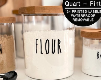 155 Pantry Labels: Clear Handwritten Printed Vinyl Stickers + Black Text.  Waterproof and Removable. Pantry Organization for Kitchen Jars