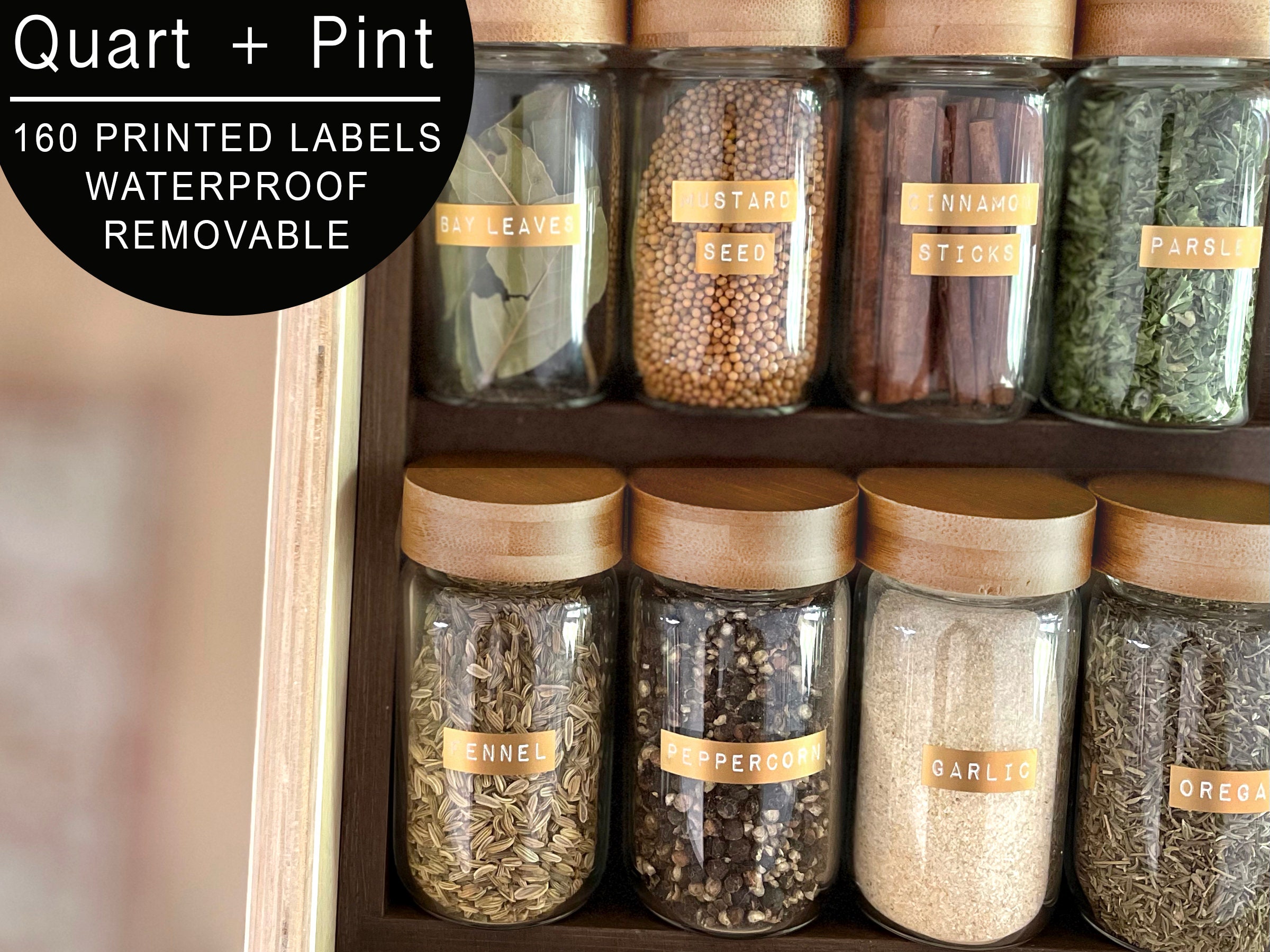 Talented Kitchen 24 Pack Glass Spice Jars with Shaker Lids 6oz, 328  Preprinted Labels, Gold Caps