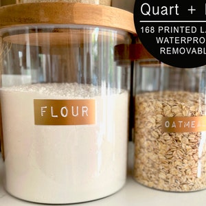 168 Gold / Copper Pantry Labels: Preprinted Minimalist Gold / Copper Vinyl Stickers + White. Waterproof. Organization for Pantry Jars