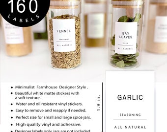 160 Gold Spice Jar Labels: Preprinted Minimalist Gold Foil Vinyl Stickers +  White Text. Organization for Kitchen Spice Jars and Spice Racks