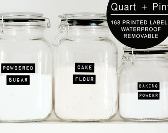 168 Pantry Labels: Preprinted Minimalist Black Matte Vinyl Stickers + White Text. Waterproof & Removable Organization for Pantry Jars