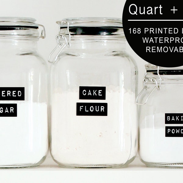 168 Pantry Labels: Preprinted Minimalist Black Matte Vinyl Stickers + White Text. Waterproof & Removable Organization for Pantry Jars