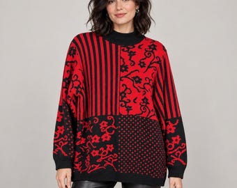 Whimsigoth Goth Red Black Floral Patchwork Sweater XL Mock Neck Knitwear