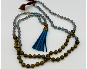 108 knot mala necklace druzy quartz aurora blue suede tassel bronze blue