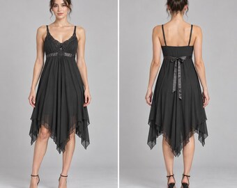 Y2K Fairy Grunge Goth Black Sequin Mesh Handkerchief Dress Junior Medium Dance