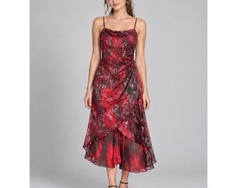 Y2K Fairy Goth Red Black Glitter Floral Mesh Prom Dress Jr Large Candy Rocket
