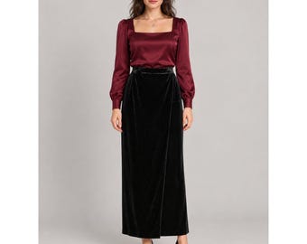 Alex Evenings 90s Goth Black Velvet Faux Wrap Maxi Skirt 10 Holiday Formal