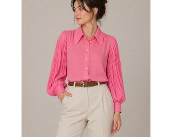 Vintage Dagger Collar Balloon Sleeve Blouse Retro Barbiecore Pink Chiffon S/M