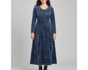 90s Dark Cottagecore Blue Velour Midi Dress S Fads Long Sleeve Modest Prairie