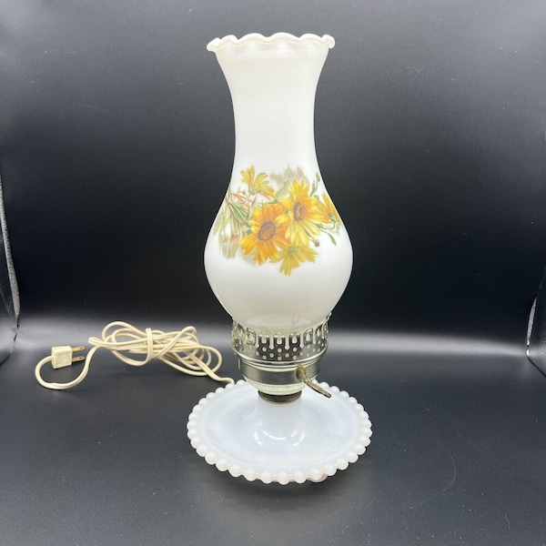 Vintage Milk Glass Hurricane Lamp Electric Yellow Daisy Motif Design Cottagcore
