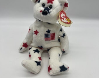Retired TY Glory Beanie Baby With Numbered Tush Tag & Tag Errors Patriotic bear