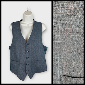 Vintage Mens Blue Gray Plaid Button Up Vest Waistcoat Size Medium