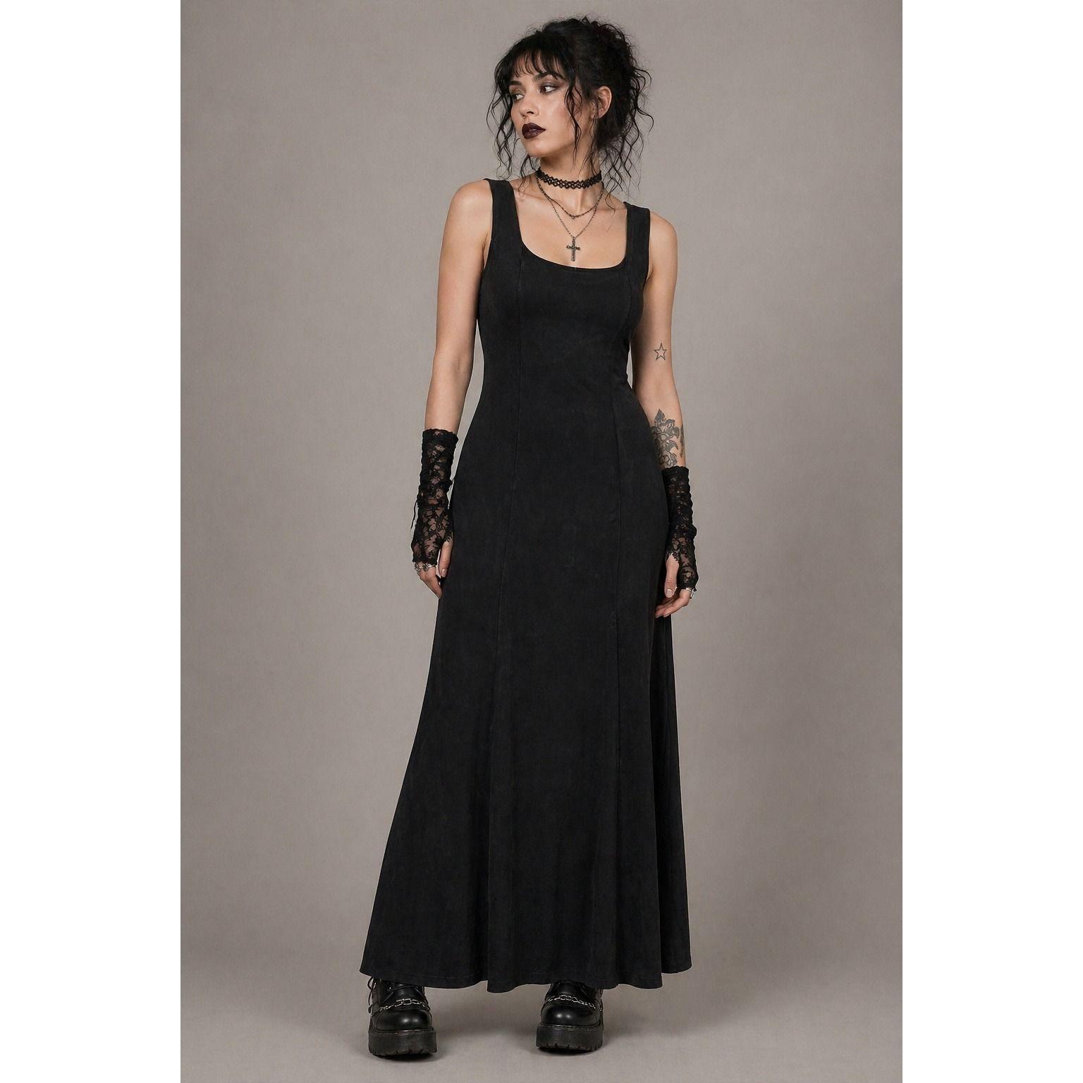 girl in black dress prom fight Black Unique Beaded Satin Dress With Lace-Up Back And Leg Slit