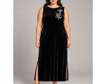 Goth Glam Black Velvet Maxi Dress XL Silver Rose Dark Romantic Holiday Party