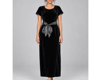 Goth Dark Romantic Black Velvet Long Dress 4 Satin Bow Formal Party Holiday