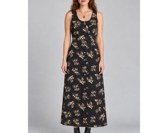 90s Whimsigoth Witchy Black Floral Button Front Maxi Dress S Directives Boho