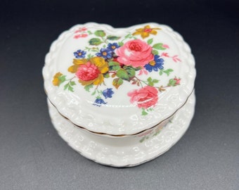Georgian Bone China Heart Shape Lidded Dish Made in England Floral Trinket Box