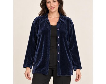 Navy Blue Velvet Button Front Shacket Medium Whimsygoth Preppy Holidays Shimmer