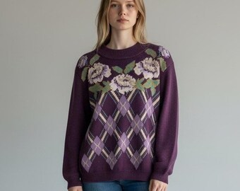Cottagecore Purple Floral Argyle Wool Sweater 1X Grannycore Vintage