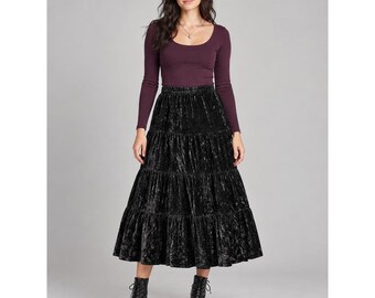 Y2K Whimsigoth Black Crushed Velvet Tiered Maxi Skirt Small White Stag Goth