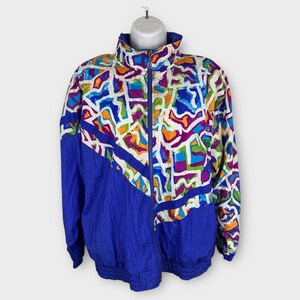 Vintage 80s Colorful Geometric Animal Print Nylon Windbreaker Petite Medium Blue