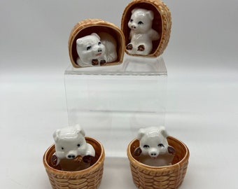 Set of ceramic pigs in basket figurines miniatures farmhouse country decor