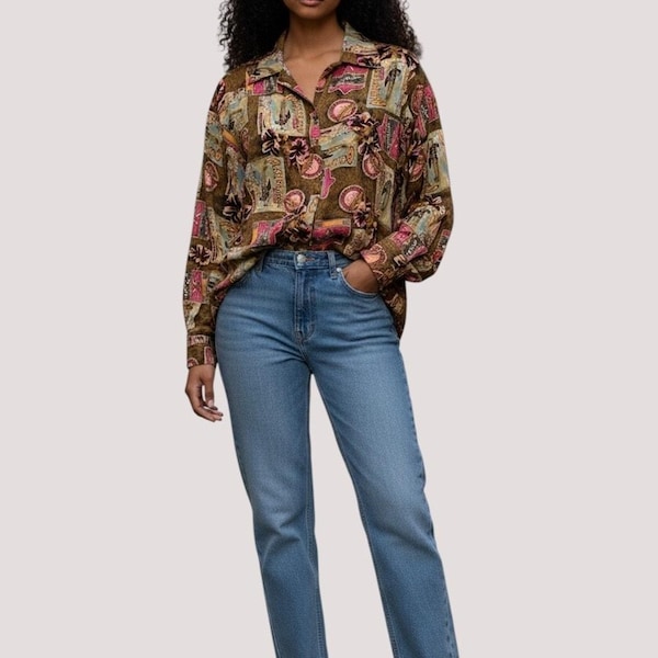 Gino Bessilini 100% Silk Shirt Medium Tropical Travel Novelty Print Button Down